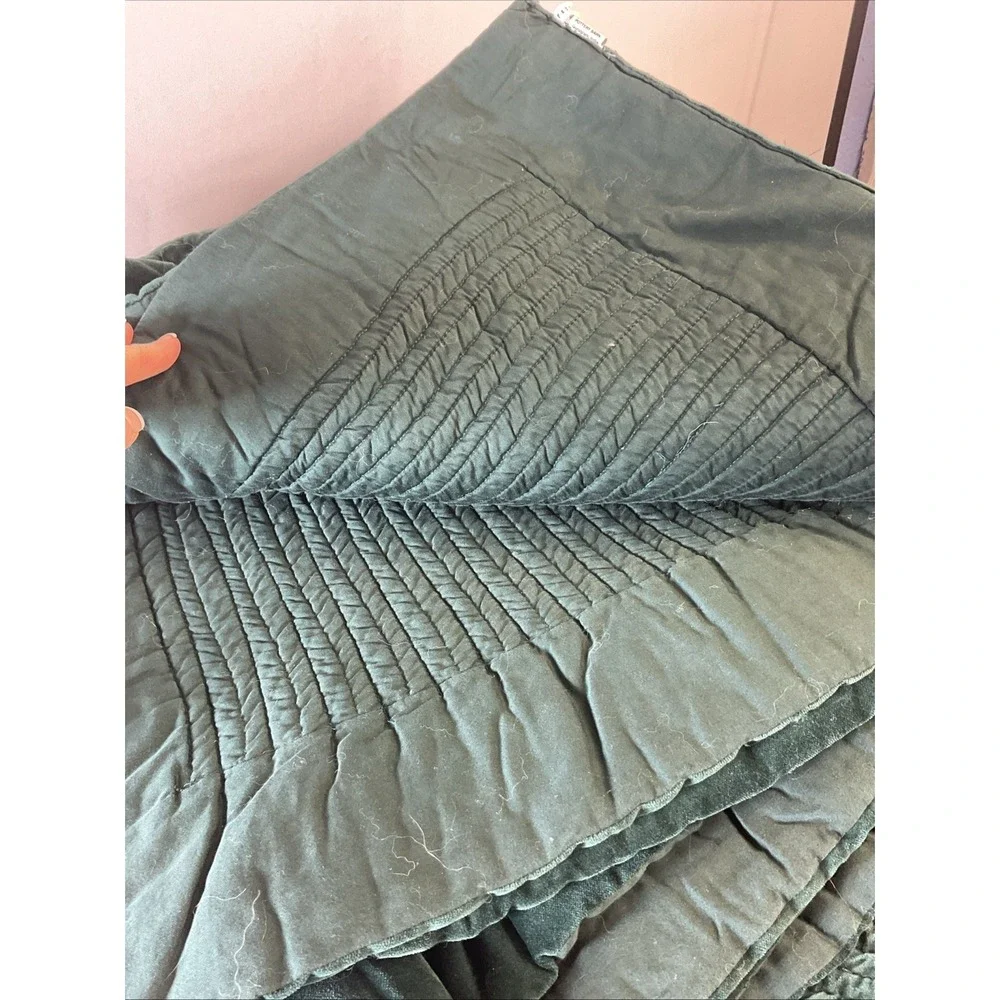 Pottery Barn Hunter Green Velvet Full/Queen Quilt Pick Stitch 90